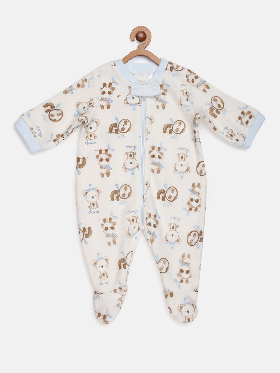 White-Blue Fleece Babysuit-Front Opening-Blue